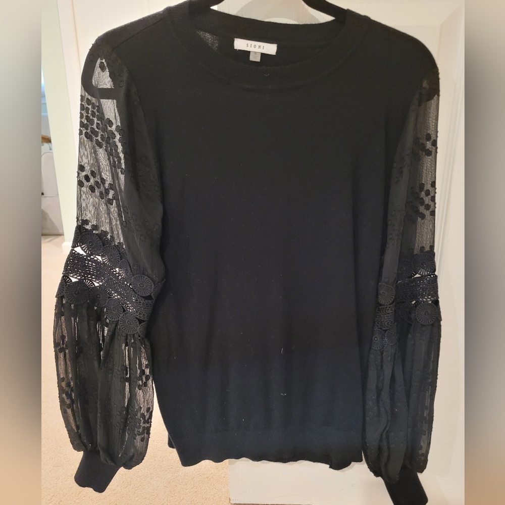 Sioni Black Long Sheer Sleeve Detail Sweater